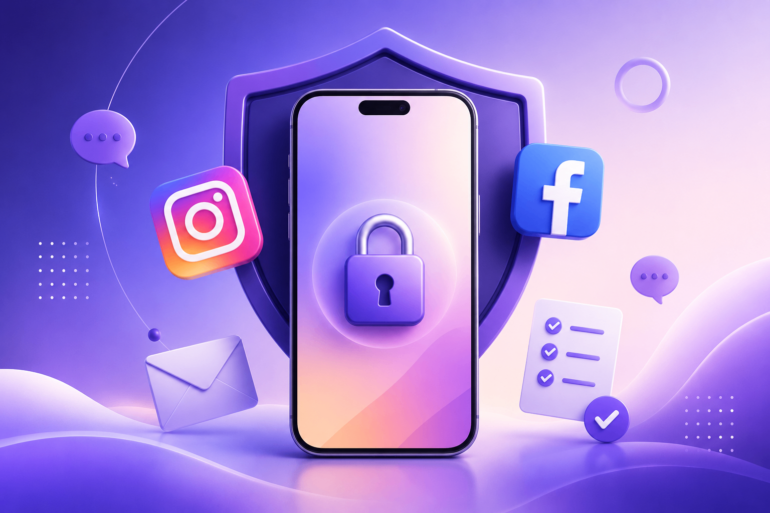Instagram and Facebook themed account recovery artwork with a secure phone and support icons.