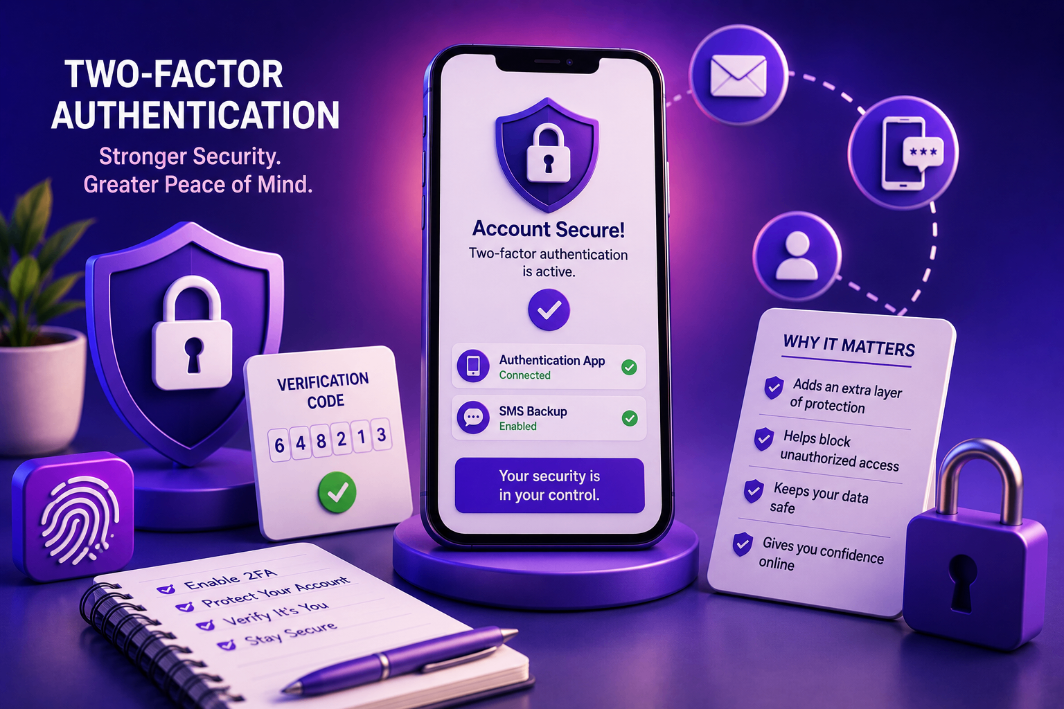 Two-factor authentication themed security illustration with protected account interface and verification steps.