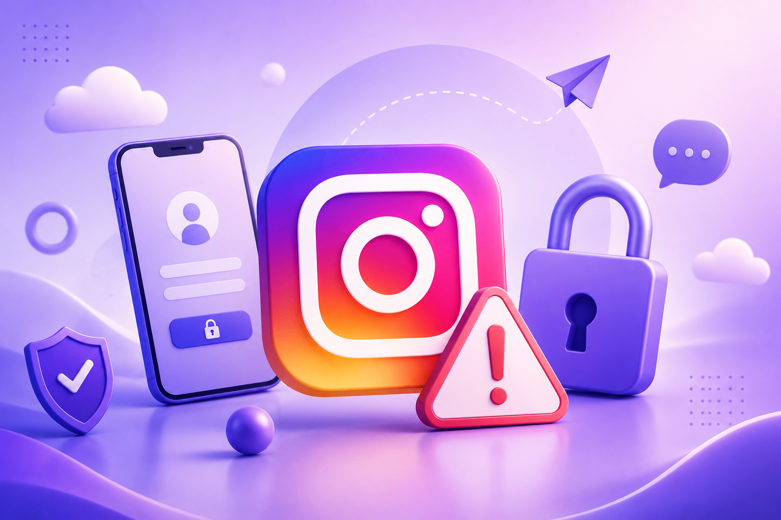 Instagram warning illustration with security icons and a locked profile.