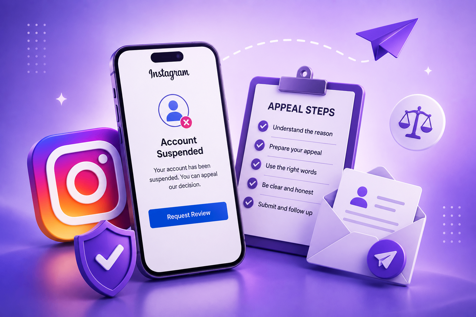 Illustration of an Instagram account suspension appeal flow with a phone, checklist, and support elements.