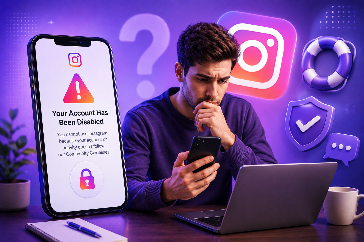Concerned user looking at a disabled Instagram account warning on a phone beside a laptop.