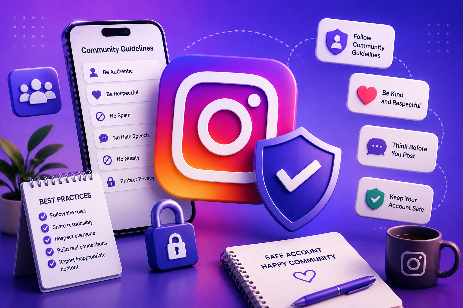 Instagram safety and community guidelines illustration with rule cards and security icons.