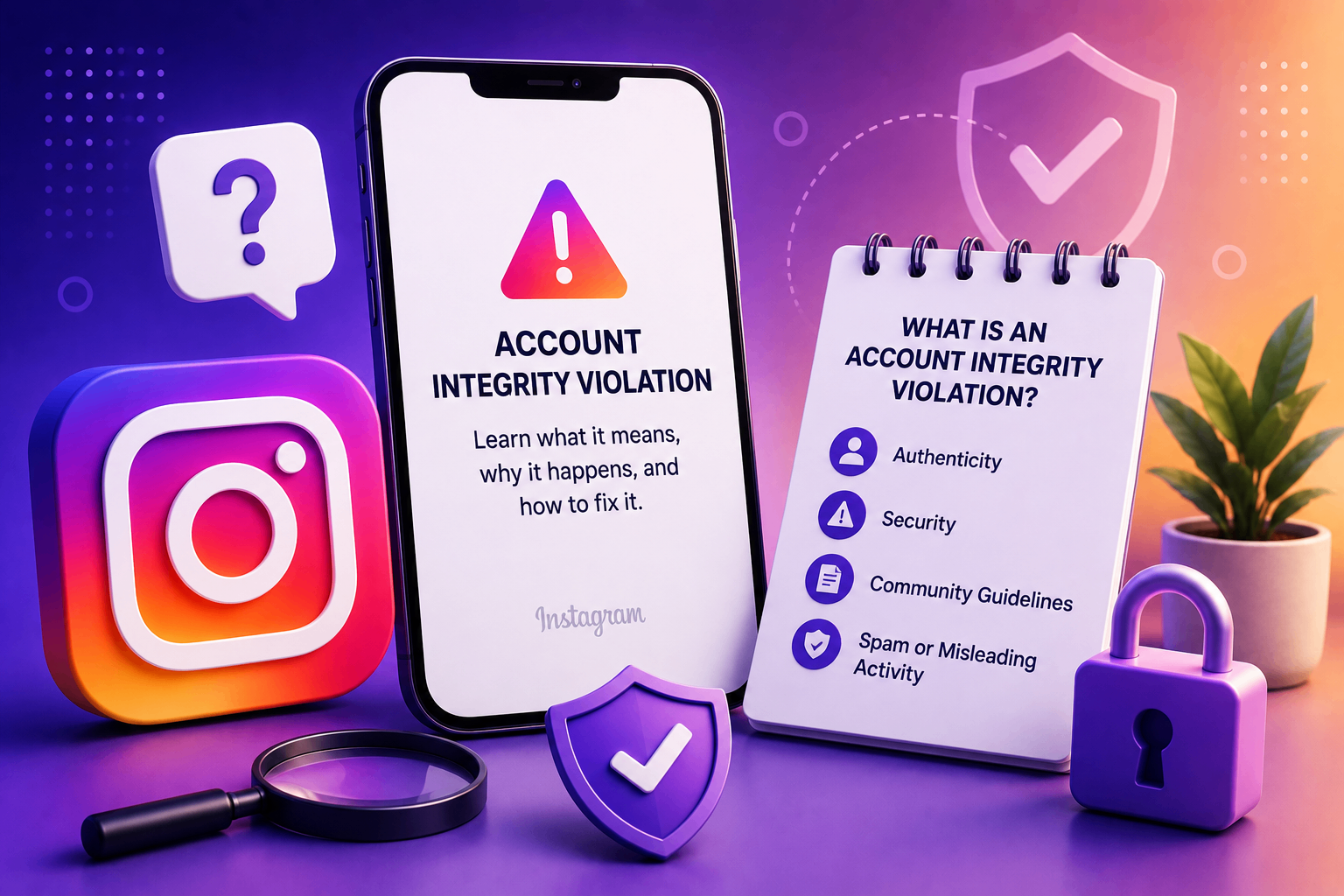 Illustration explaining an Instagram account integrity violation with warning and checklist elements.