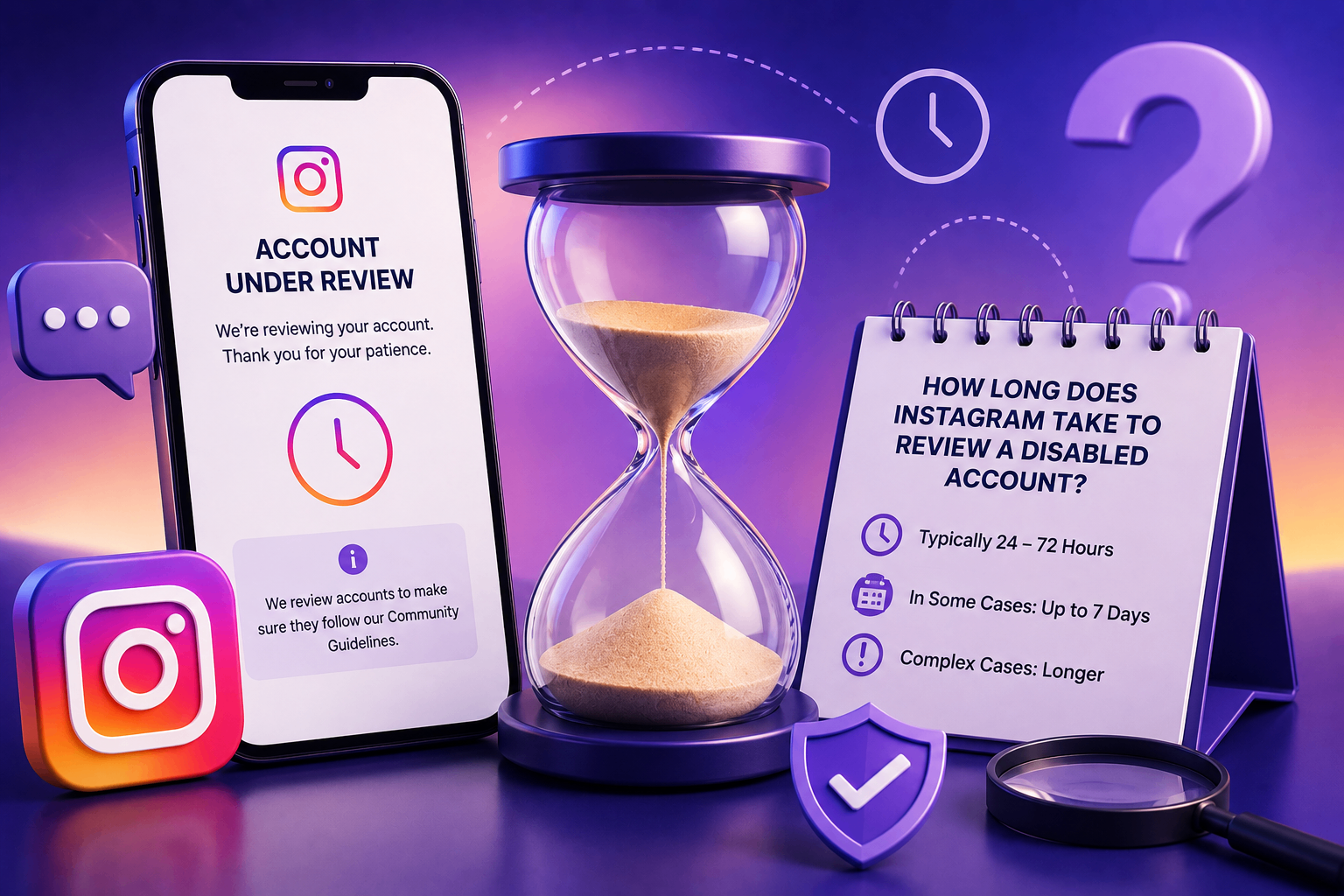 Instagram account review timing artwork with an hourglass and account status notes.
