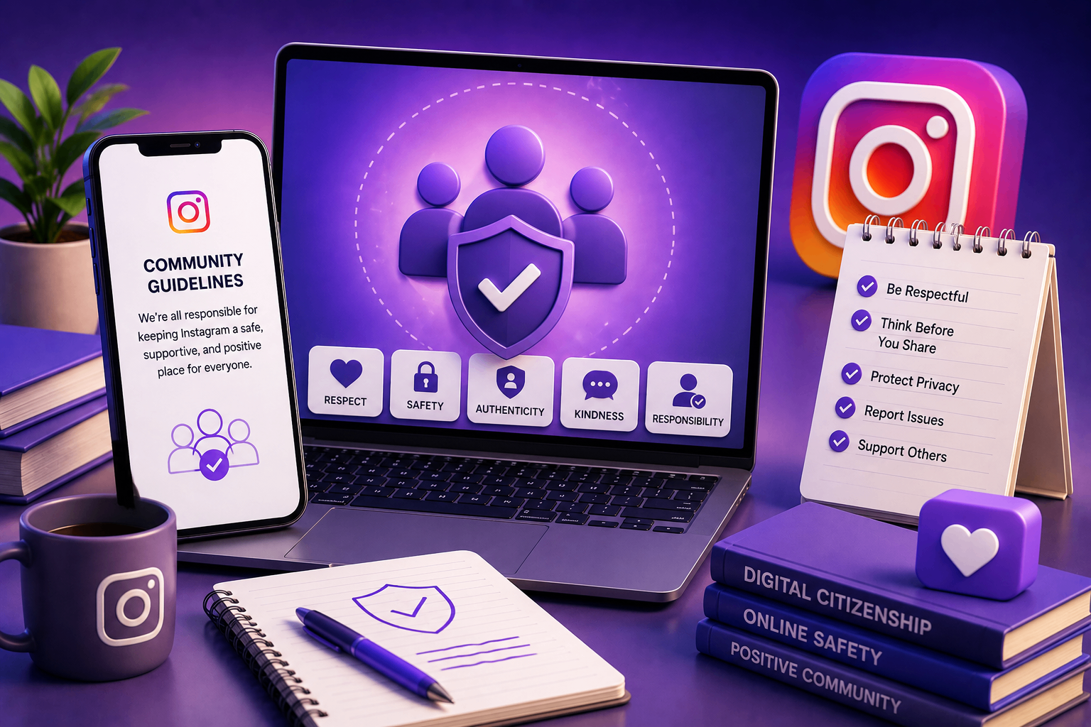 Digital citizenship and community safety illustration showing Facebook and Instagram support concepts.