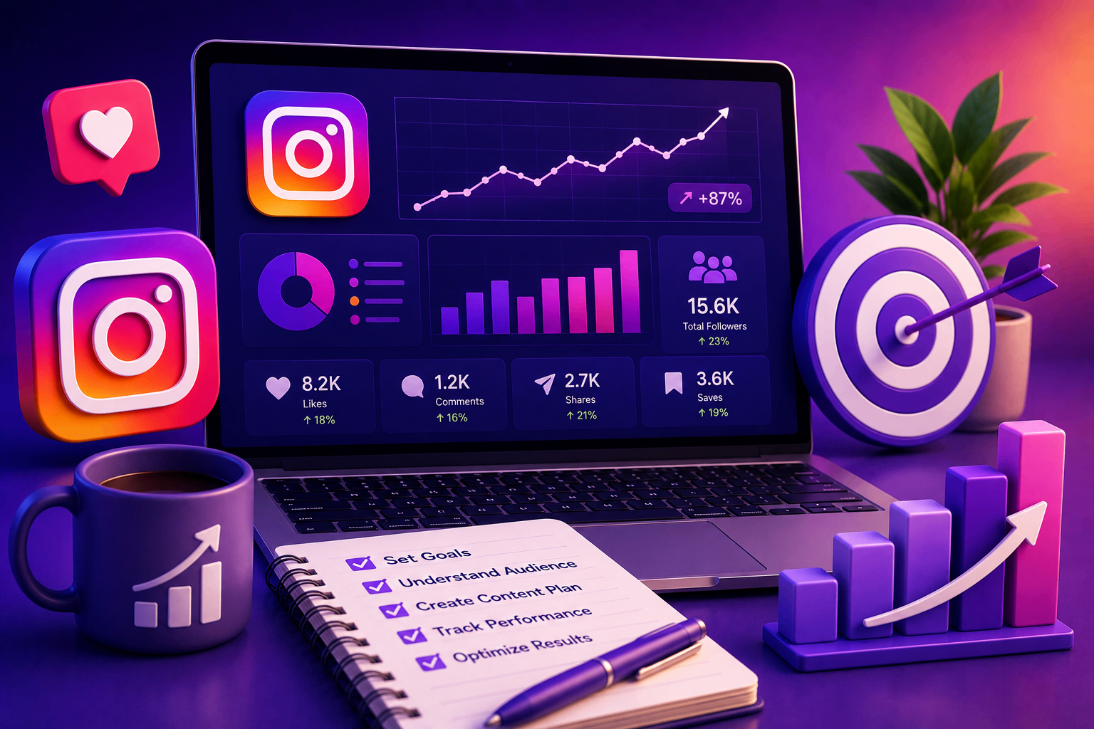 Analytics and account health illustration showing social growth data and recovery planning.